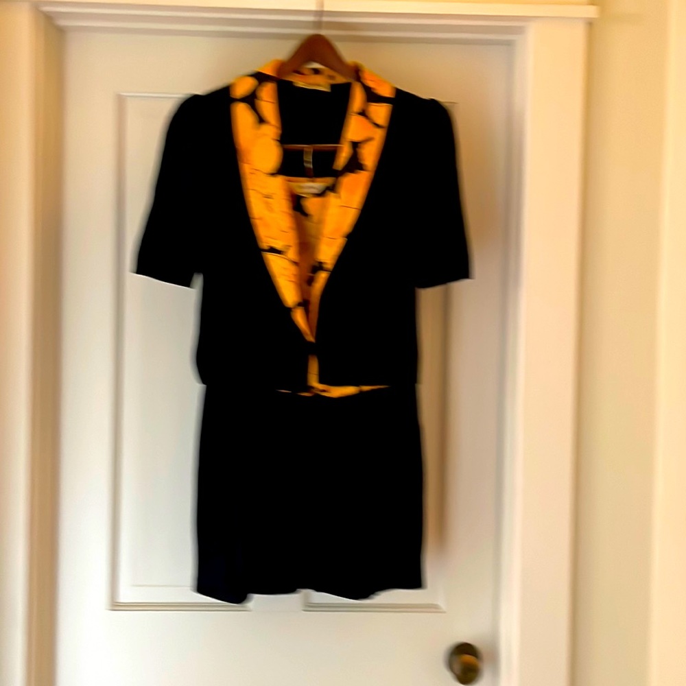 St. John’s black/yellow knit coordinate. Knee length with silk floral camisole.